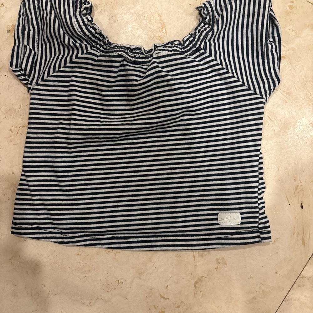 7 For All Mankind Navy & White Striped Off-Shoulder Crop Top